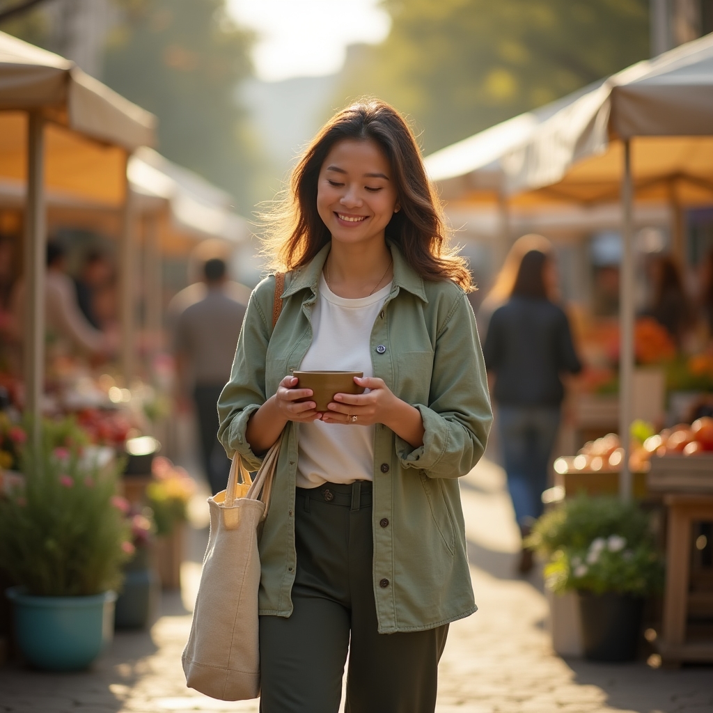 Ruhige Szene einer Person beim bewussten Einkaufen im Alltag