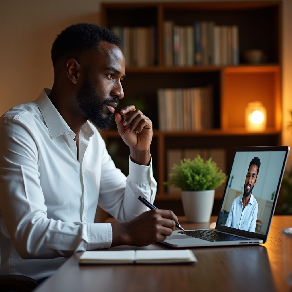 Online-Webinar-Session auf einem Laptop-Bildschirm in einem ruhigen Büroumfeld
